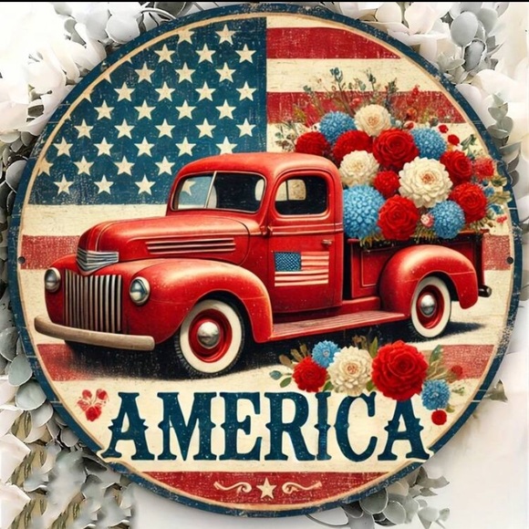 Other - 8” Red Truck America Metal Sign with Patriotic Flowers on USA Flag Background